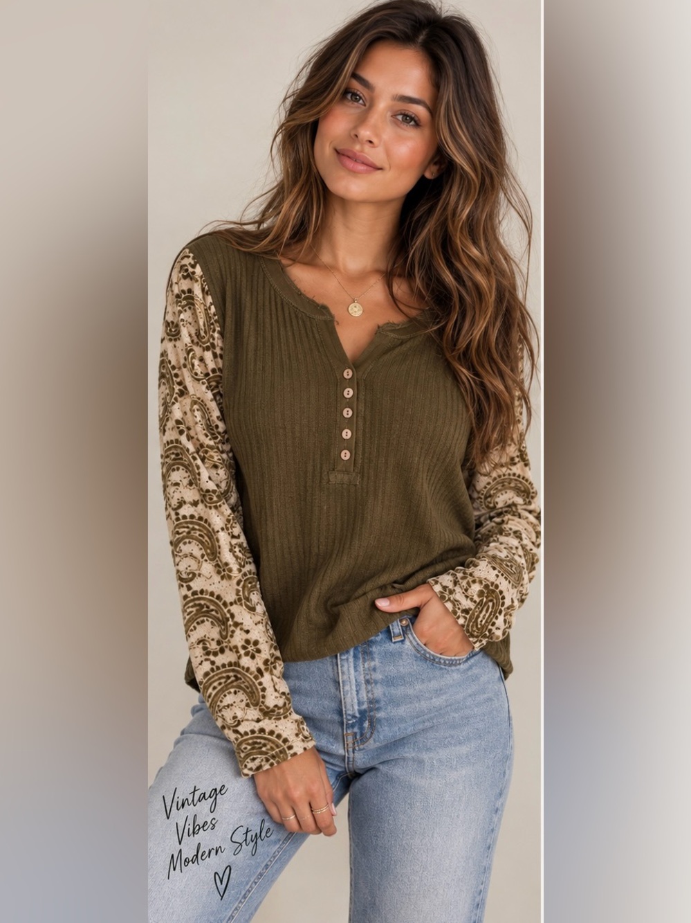 Oli & Hali Olive Green Henley with Cream Textured Velvet Paisley Design Sleeves